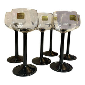 Vintage Luminarc France Black Stem Wine Glasses Set of 6